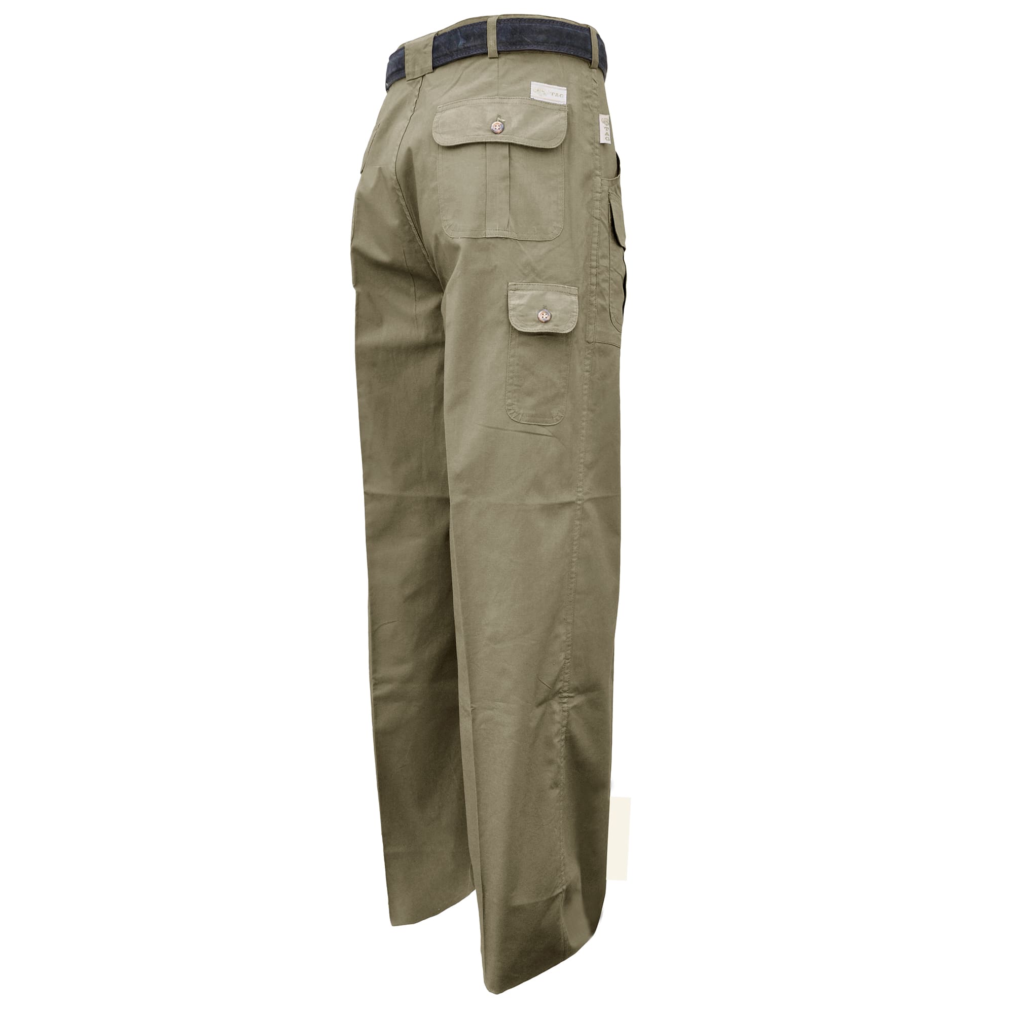 Back of Men's Six Pocket Congo Pants, color Khaki. The pants have two flap-covered pockets on the seat, a flap-covered utility pocket on the side, expandable waist panels, oversized belt loops, and double stitching throughout. 100% cotton.--2
