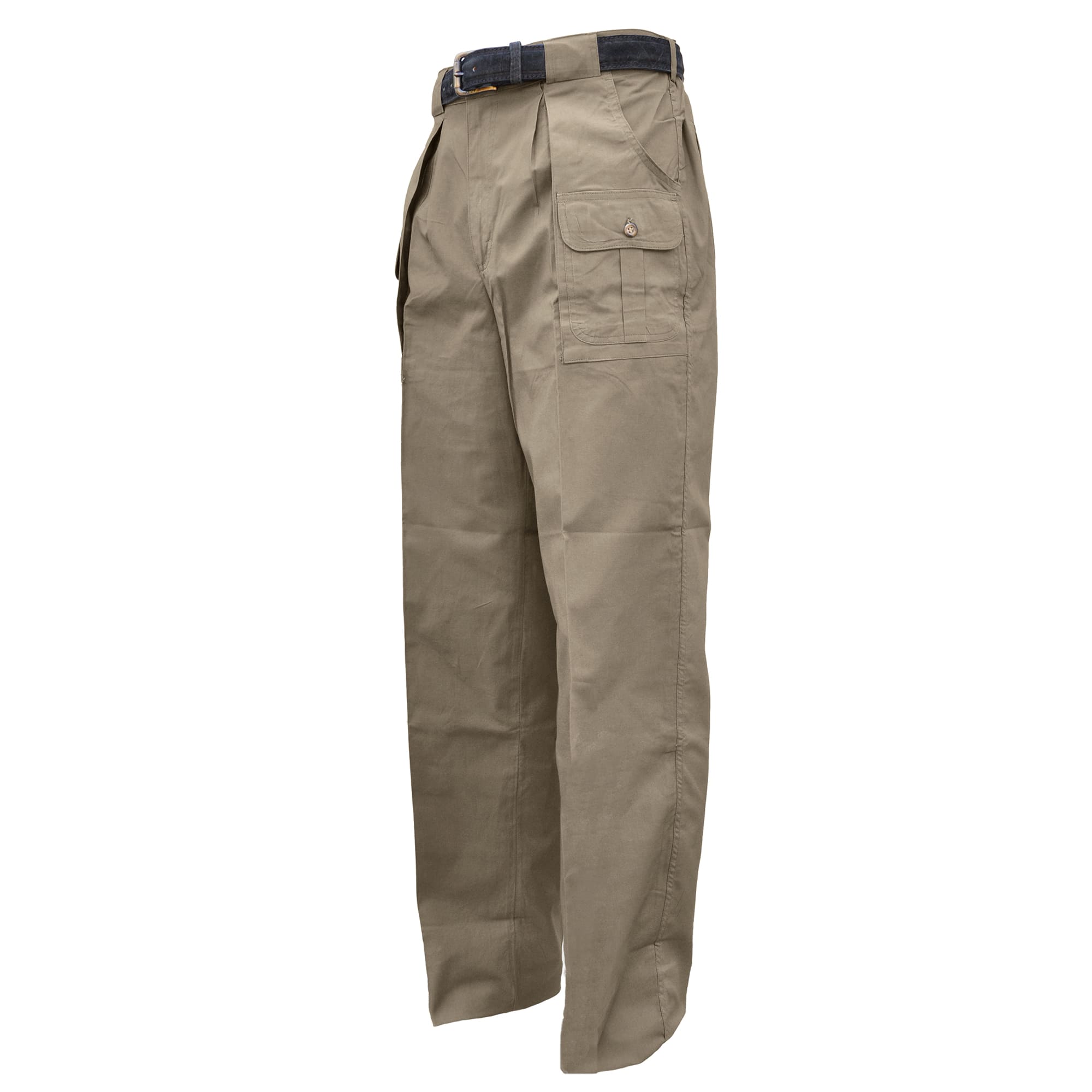 Front of Men's Six Pocket Congo Pants, color Khaki. The pants have two slash pockets on the hip, two flap-covered pockets up front, expandable waist panels, oversized belt loops, and double stitching throughout. 100% cotton.--1