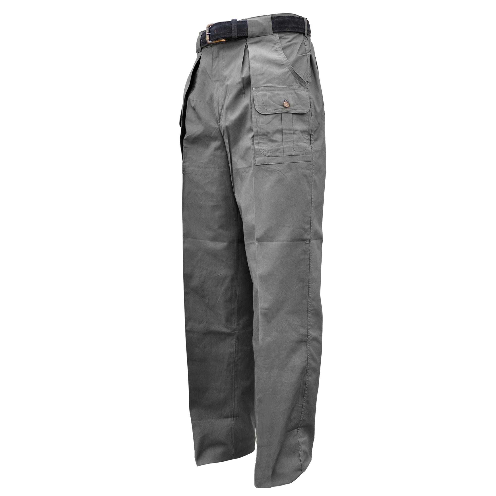 Front of Men's Six Pocket Congo Pants, color Olive. The pants have two slash pockets on the hip, two flap-covered pockets up front, expandable waist panels, oversized belt loops, and double stitching throughout. 100% cotton.--3