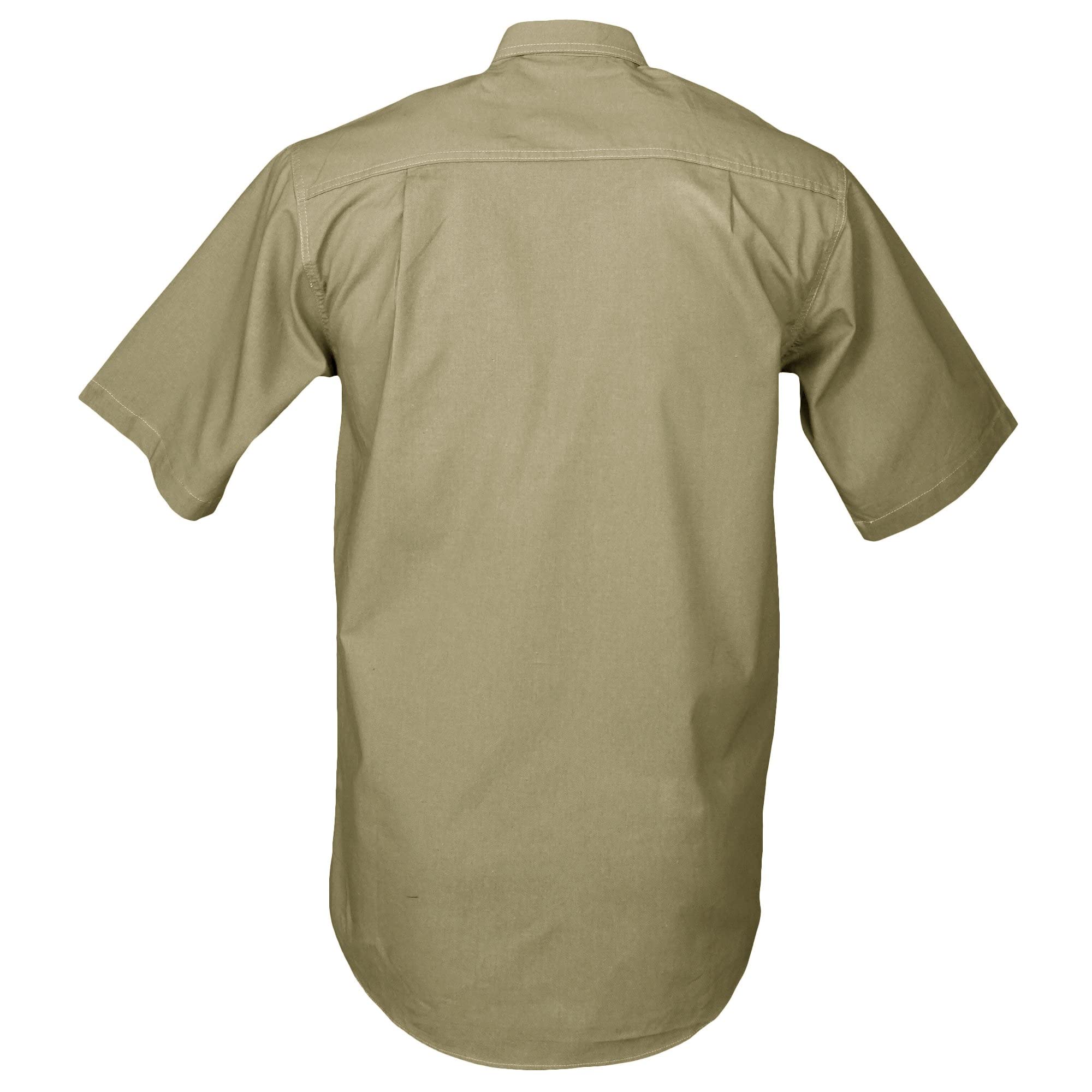 Back view of a Men's Safari Shirt in Short Sleeves, color Khaki. The shirt has buttoned roll-up tabs on the sleeve cuffs, double stitching throughout, and long rounded tails for tucking into pants. 100% cotton.--2