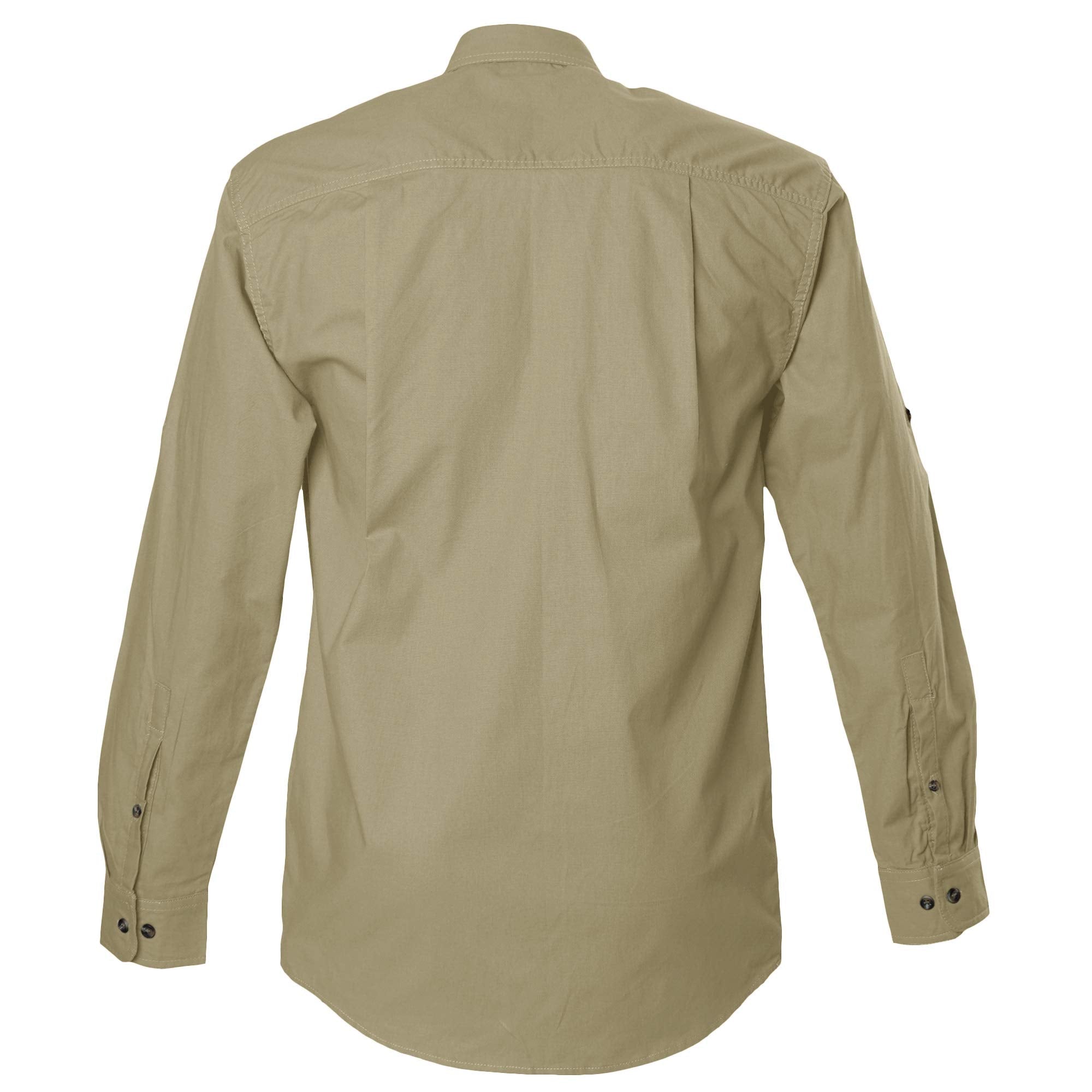 Back view of a Men's Safari Shirt in Long Sleeves, color Khaki. The shirt has buttoned Swiss tabs on the sleeves, double stitching throughout, and long rounded tails for tucking into pants. 100% cotton.--2