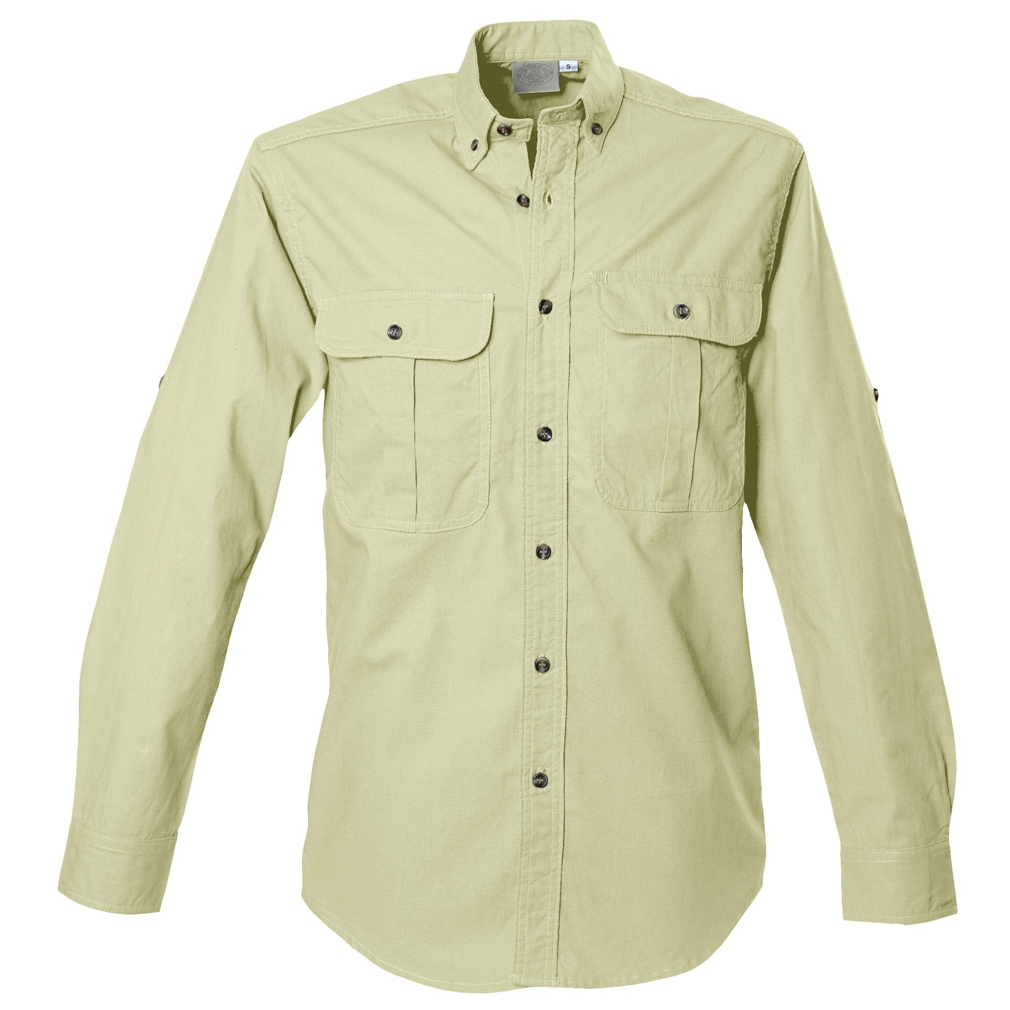 Front view of a Men's Safari Shirt in Long Sleeves, color Stone. The shirt has two flap-covered chest pockets, button-down collars, buttoned Swiss tabs on the sleeves, a button-front placket, double stitching throughout, and long rounded tails for tucking into pants. 100% cotton.--5