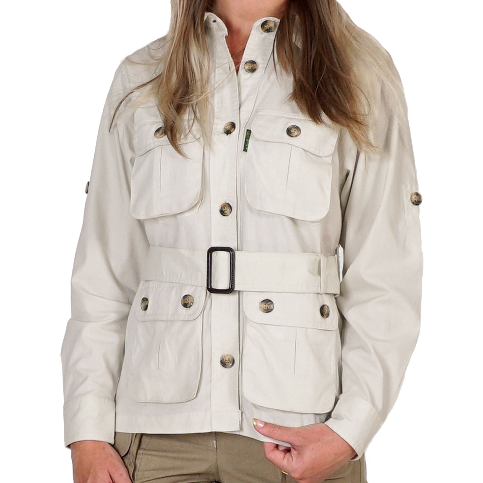 Front view of a Women's Safari Jacket, color Stone. The jacket has two large flap-covered cargo-style chest pockets, two large flap-covered cargo-style waist pockets, functional cross-stitched shoulder straps, Swiss roll-up tabs on the sleeves, a button-front placket, a buckled waist belt, and double stitching throughout. 100% cotton.--7
