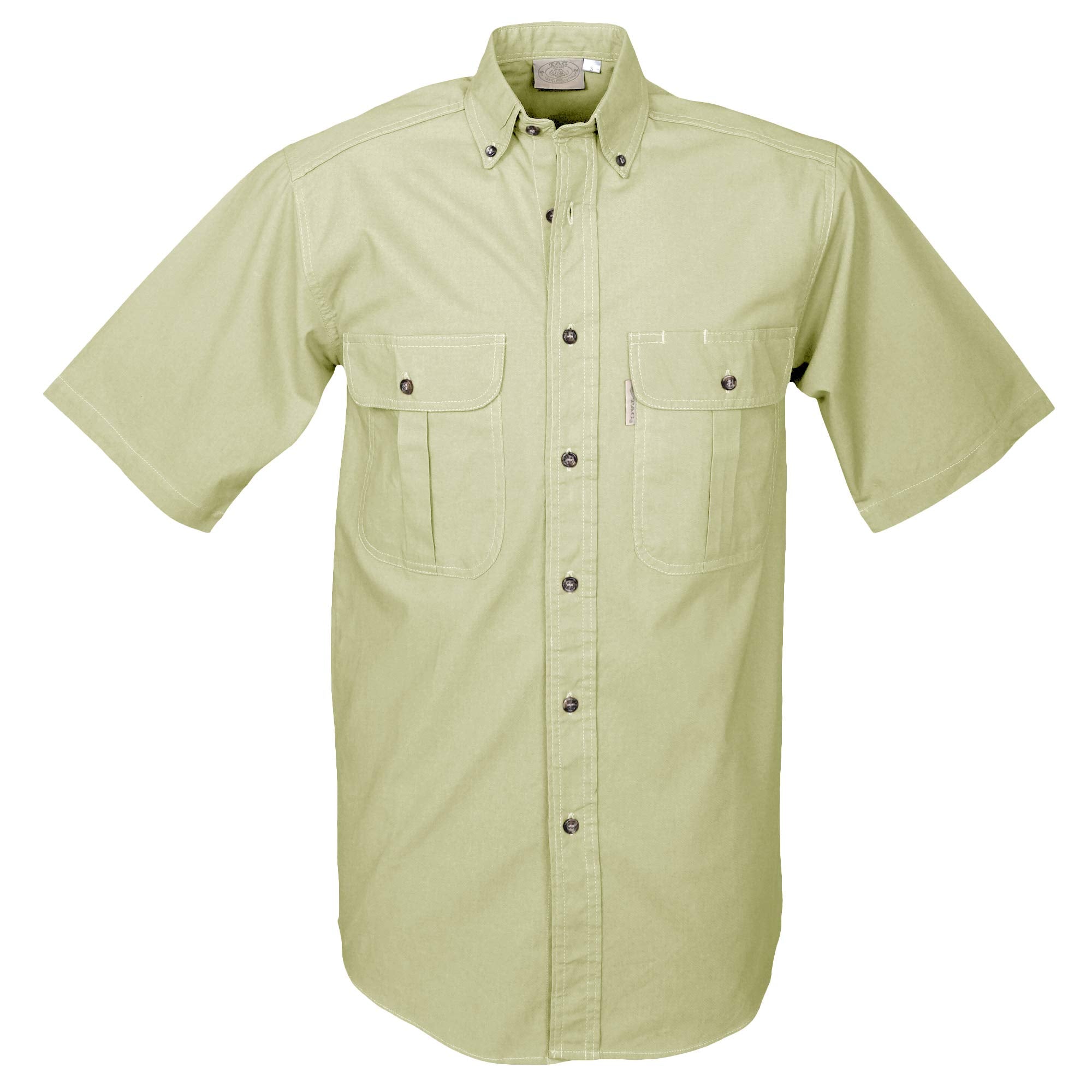 Front view of a Men's Safari Shirt in Short Sleeves, color Stone. The shirt has two flap-covered chest pockets, button-down collars, buttoned roll-up tabs on the sleeve cuffs, a button-front placket, double stitching throughout, and long rounded tails for tucking into pants. 100% cotton.--5