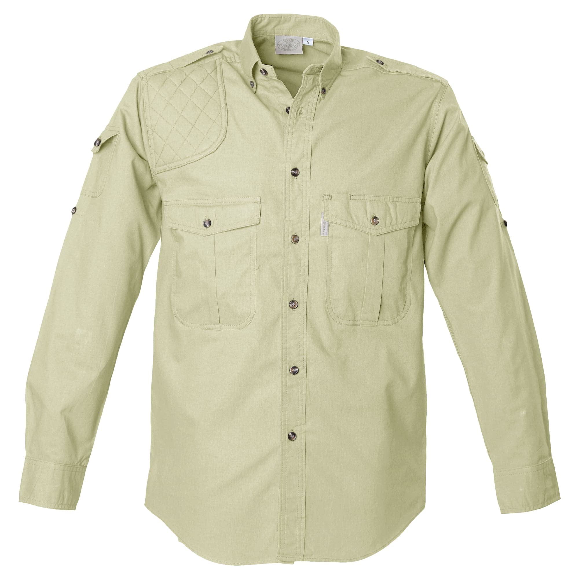 Front view of a Men's Shooter Shirt in Long Sleeves, color Stone. The shirt has a quilted shooting pad at the right shoulder, ammo pockets on the sleeves, two flap-covered chest pockets, button-down collars, functional cross-stitched shoulder straps, a button-front placket, double stitching throughout, and long rounded tails for tucking into pants. 100% cotton.--5