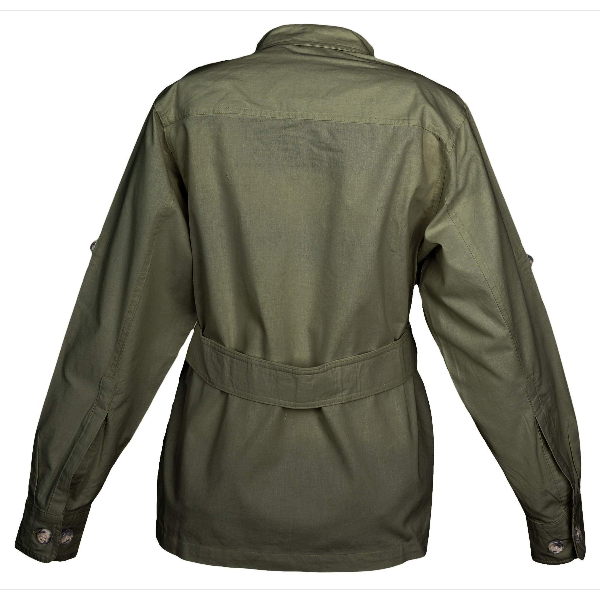 Back view of a Women's Safari Jacket, color Moss. The jacket has a double yolk, functional cross-stitched shoulder straps, Swiss roll-up tabs on the sleeves, a buckled waist belt, and double stitching throughout. 100% cotton.--6