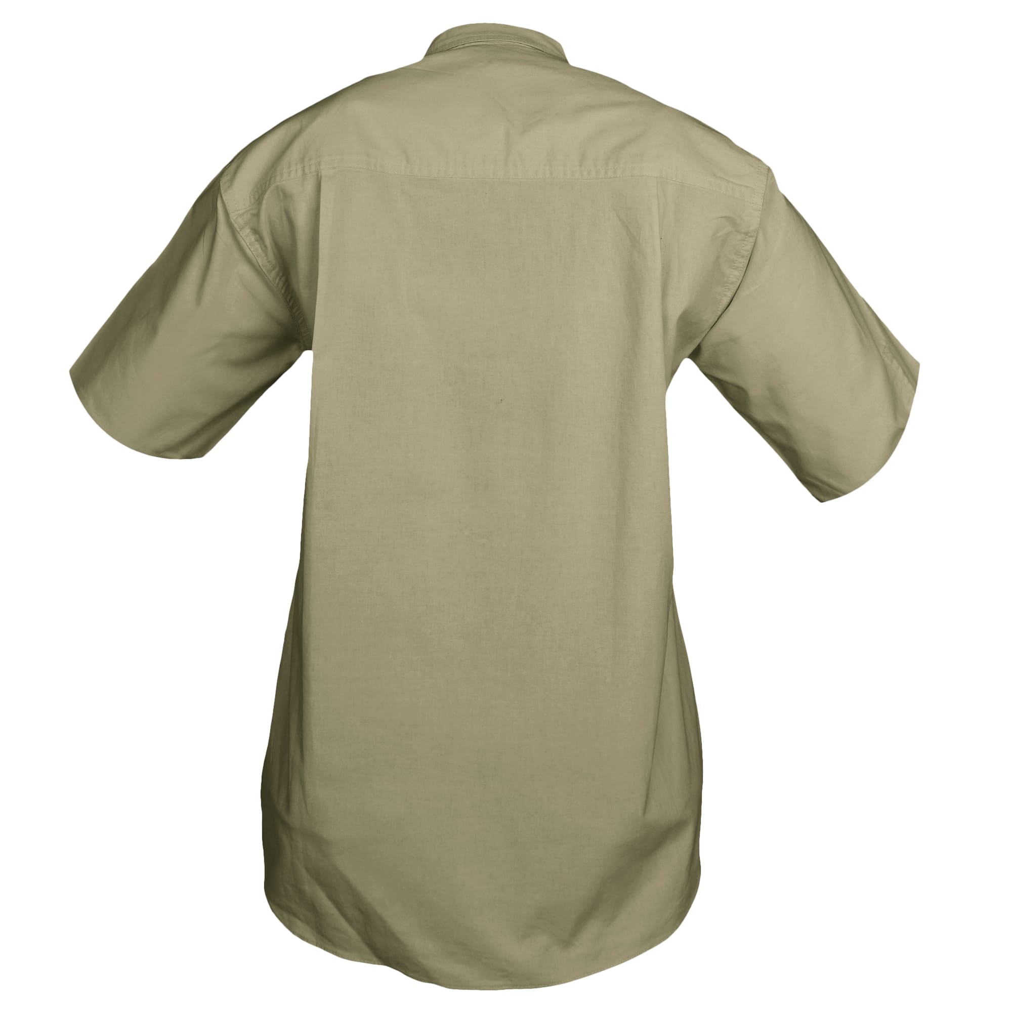Back view of a Woman's Trail Shirt in Short Sleeves, color Khaki. The shirt has a dual layer yoke, functional cross-stitched shoulder straps, double stitching throughout, and long rounded tails for tucking into pants. 100% cotton.--2