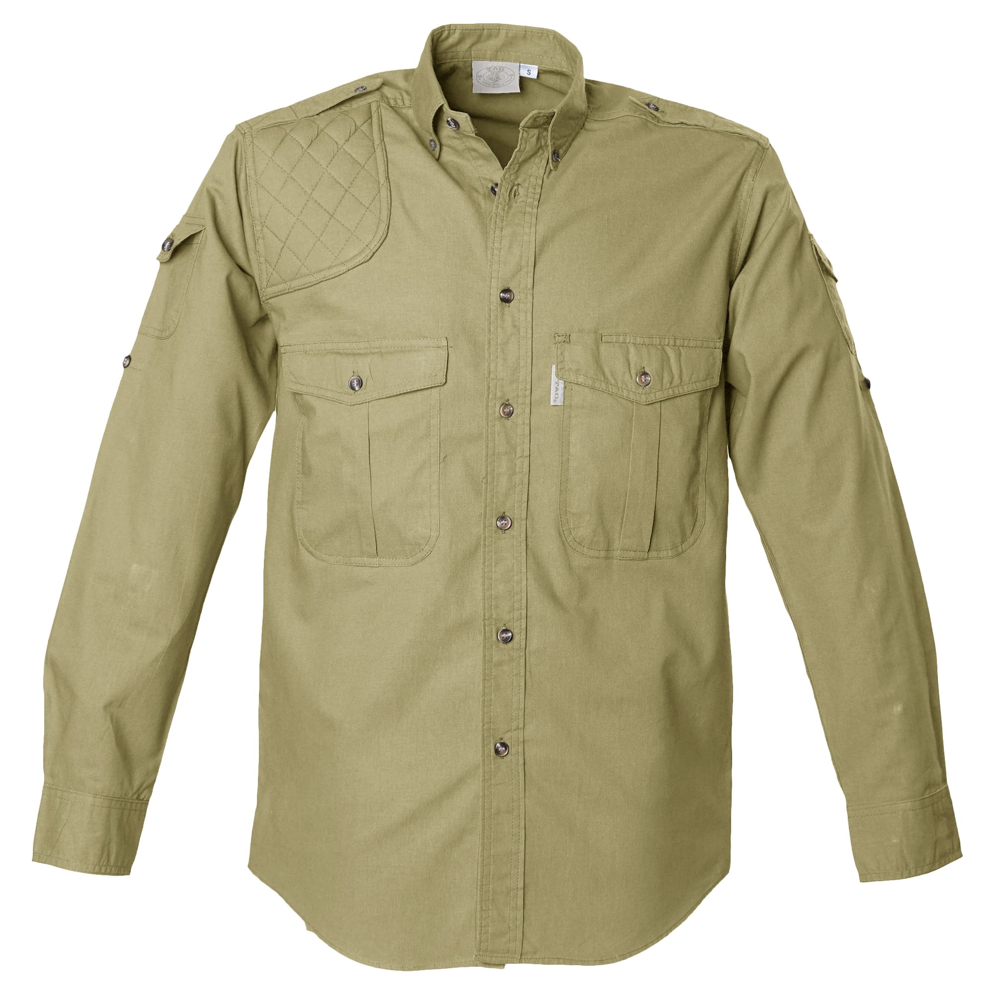 Front view of a Men's Shooter Shirt in Long Sleeves, color Khaki. The shirt has a quilted shooting pad at the right shoulder, ammo pockets on the sleeves, two flap-covered chest pockets, button-down collars, functional cross-stitched shoulder straps, a button-front placket, double stitching throughout, and long rounded tails for tucking into pants. 100% cotton.--1