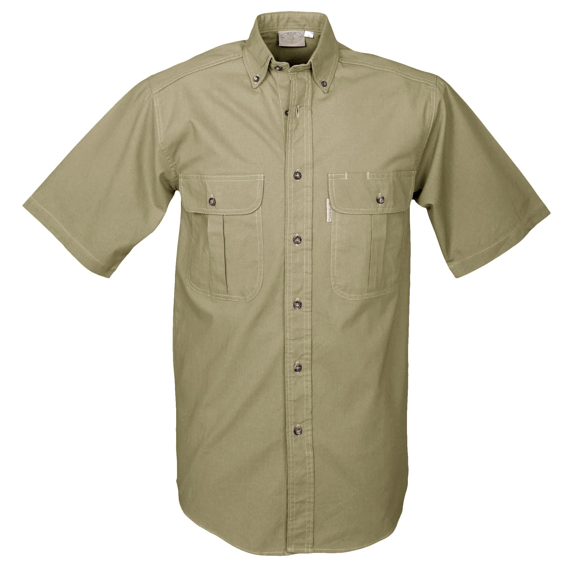 Front view of a Men's Safari Shirt in Short Sleeves, color Khaki. The shirt has two flap-covered chest pockets, button-down collars, buttoned roll-up tabs on the sleeve cuffs, a button-front placket, double stitching throughout, and long rounded tails for tucking into pants. 100% cotton.--1