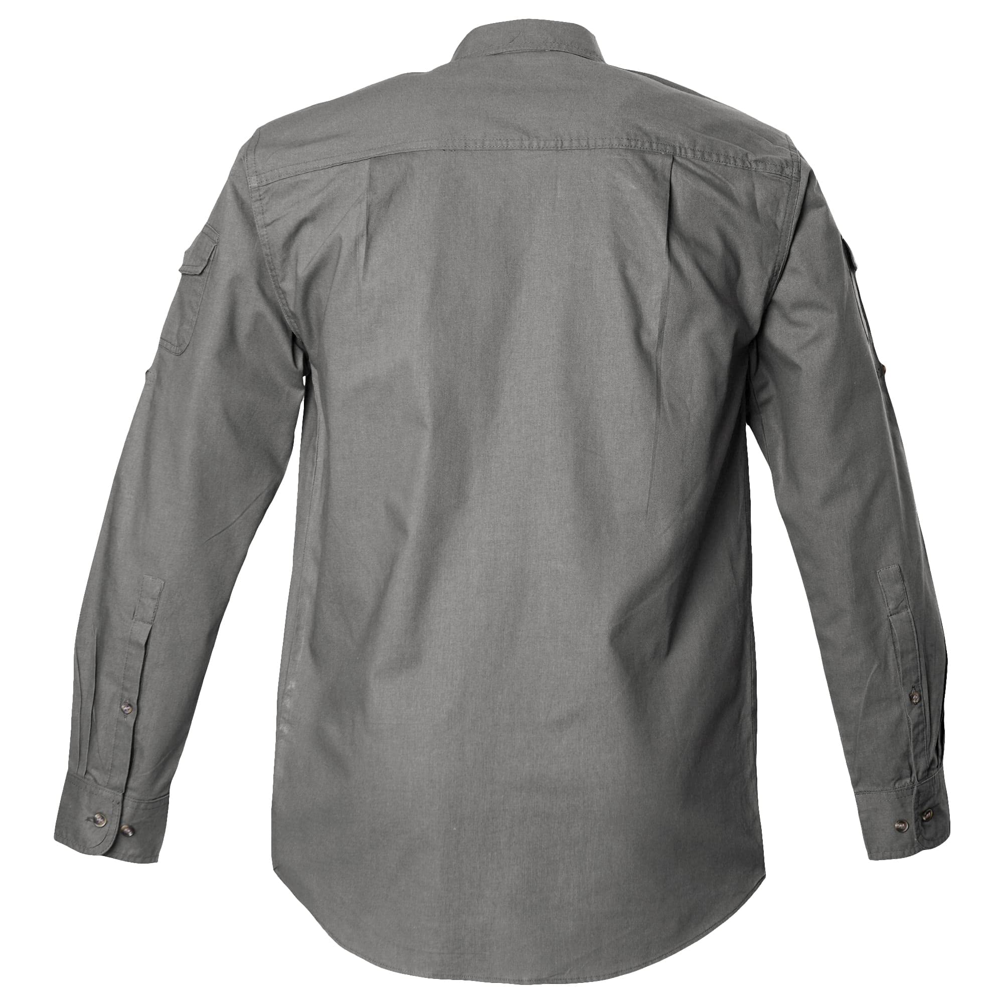 Back view of a Men's Shooter Shirt in Long Sleeves, color Olive. The shirt has functional cross-stitched shoulder straps, double stitching throughout, and long rounded tails for tucking into pants. 100% cotton.--4