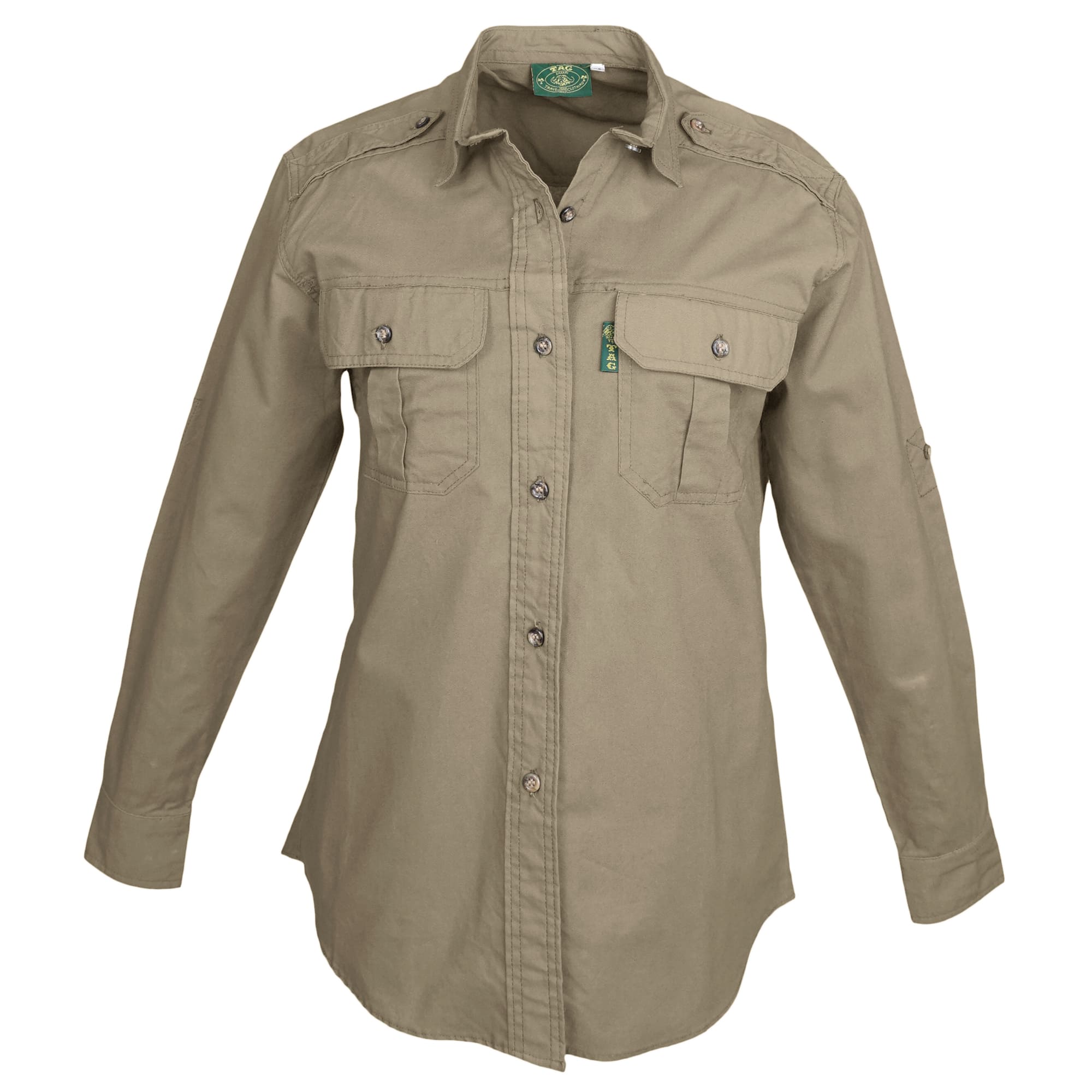 Front view of a Woman's Trail Shirt in Long Sleeves, color Khaki. The shirt has two flap-covered chest pockets, functional cross-stitched shoulder straps, a button-front placket, double stitching throughout, and long rounded tails for tucking into pants. 100% cotton.--1