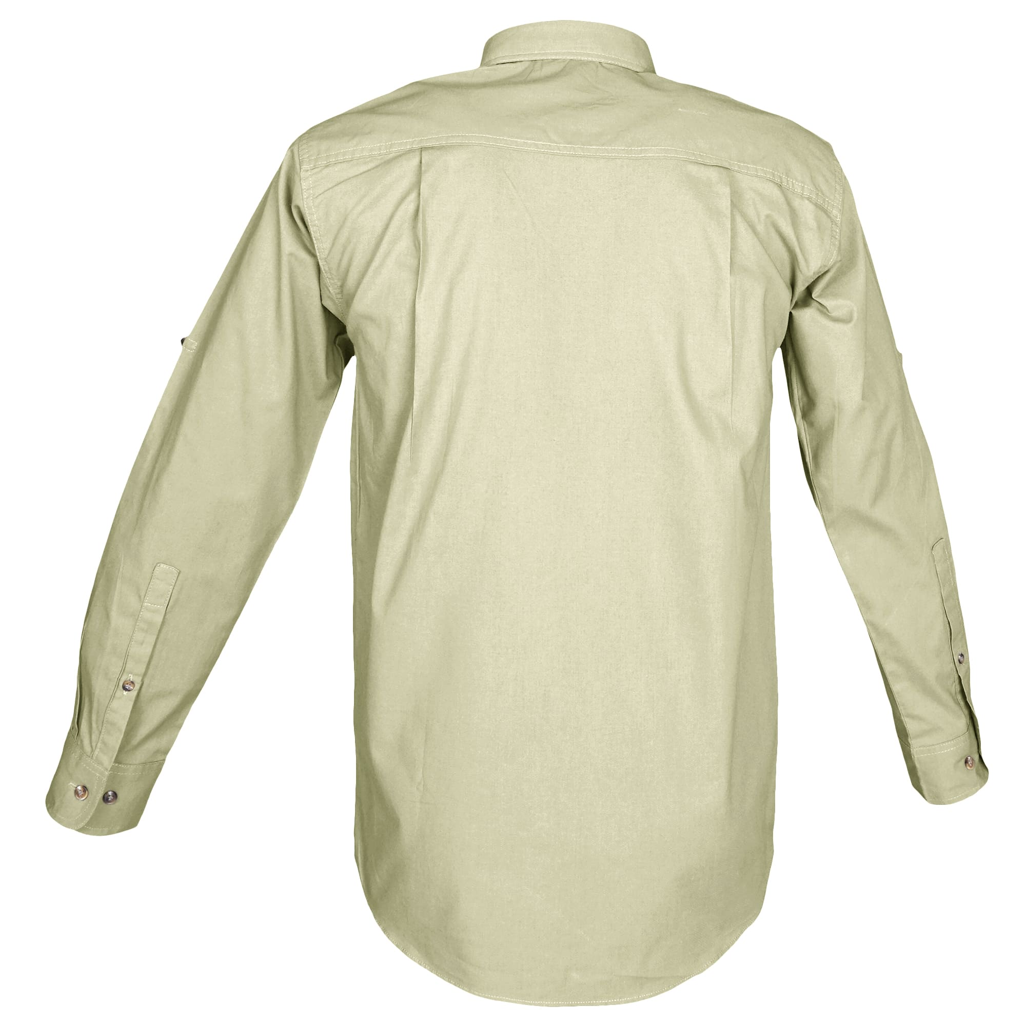 Back view of a Men's Trail Shirt in Long Sleeves, color Stone. The shirt has a dual layer yoke, functional cross-stitched shoulder straps, double stitching throughout, and long rounded tails for tucking into pants. 100% cotton.--6