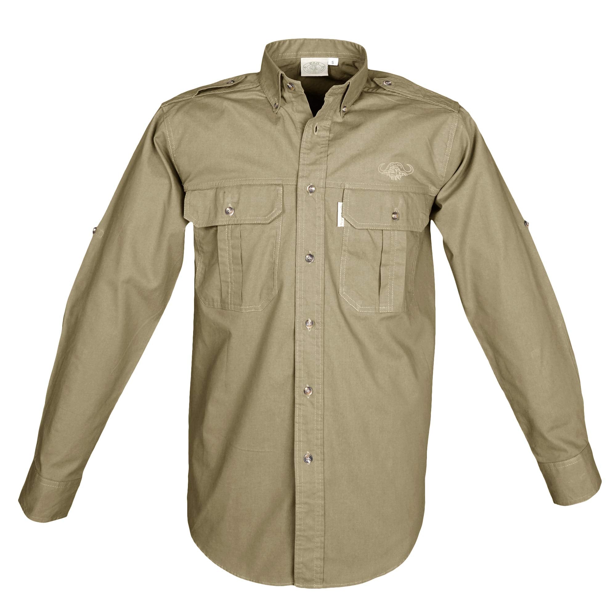 Front view of a Men's Trail Shirt with Buffalo Logo in Long Sleeves, color Khaki. The shirt has two flap-covered chest pockets with an embroidered Tag buffalo logo above the left pocket, button-down collars, functional cross-stitched shoulder straps, a button-front placket, double stitching throughout, and long rounded tails for tucking into pants. 100% cotton.--1