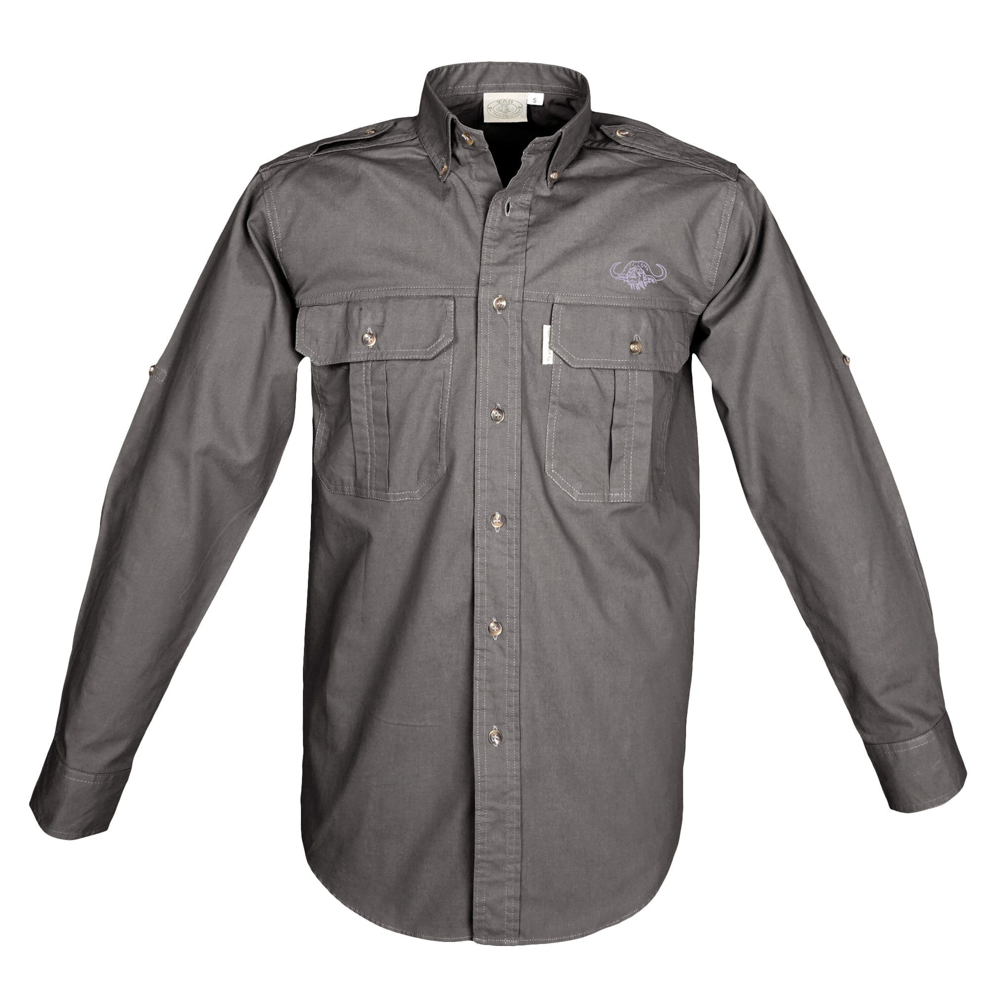 Front view of a Men's Trail Shirt with Buffalo Logo in Long Sleeves, color Olive. The shirt has two flap-covered chest pockets with an embroidered Tag buffalo logo above the left pocket, button-down collars, functional cross-stitched shoulder straps, a button-front placket, double stitching throughout, and long rounded tails for tucking into pants. 100% cotton.--4