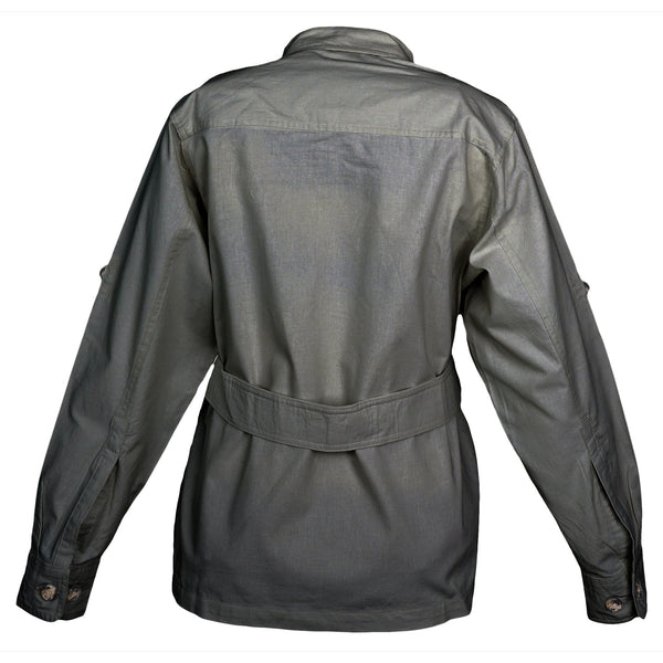 Back view of a Women's Safari Jacket, color Olive. The jacket has a double yolk, functional cross-stitched shoulder straps, Swiss roll-up tabs on the sleeves, a buckled waist belt, and double stitching throughout. 100% cotton.