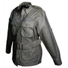 Side view of a Women's Safari Jacket, color Olive. The jacket has two large flap-covered cargo-style chest pockets, two large flap-covered cargo-style waist pockets, functional cross-stitched shoulder straps, Swiss roll-up tabs on the sleeves, a button-front placket, a buckled waist belt, and double stitching throughout. 100% cotton.