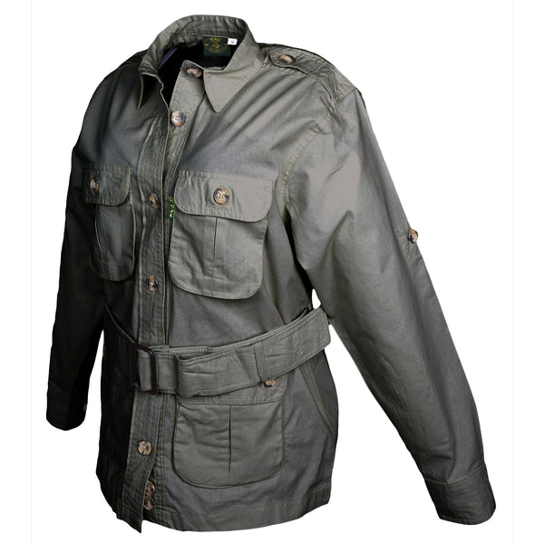 Side view of a Women's Safari Jacket, color Olive. The jacket has two large flap-covered cargo-style chest pockets, two large flap-covered cargo-style waist pockets, functional cross-stitched shoulder straps, Swiss roll-up tabs on the sleeves, a button-front placket, a buckled waist belt, and double stitching throughout. 100% cotton.