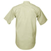 Back view of a Men's Safari Shirt in Short Sleeves, color Stone. The shirt has buttoned roll-up tabs on the sleeve cuffs, double stitching throughout, and long rounded tails for tucking into pants. 100% cotton.