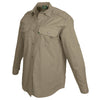 Side view of a Woman's Trail Shirt in Long Sleeves, color Khaki. The shirt has two flap-covered chest pockets, functional cross-stitched shoulder straps, a button-front placket, double stitching throughout, and long rounded tails for tucking into pants. 100% cotton.