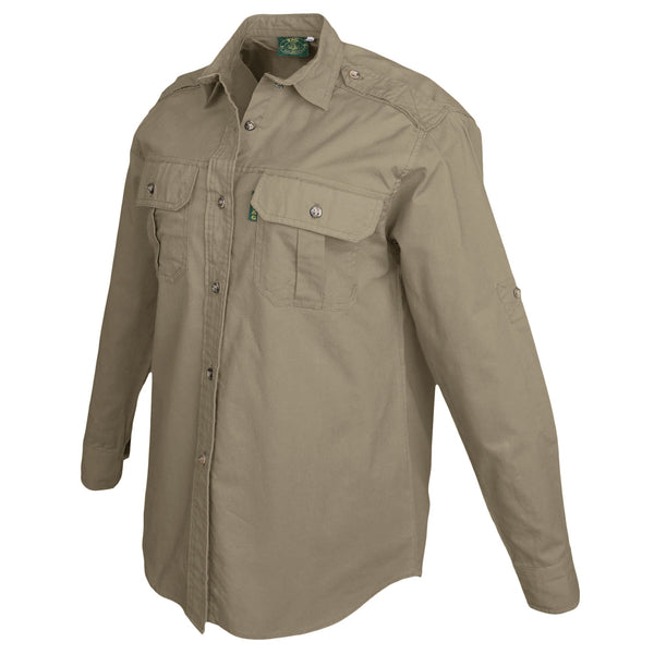 Side view of a Woman's Trail Shirt in Long Sleeves, color Khaki. The shirt has two flap-covered chest pockets, functional cross-stitched shoulder straps, a button-front placket, double stitching throughout, and long rounded tails for tucking into pants. 100% cotton.