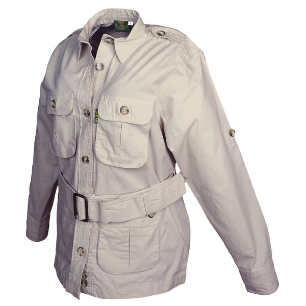 Side view of a Women's Safari Jacket, color Stone. The jacket has two large flap-covered cargo-style chest pockets, two large flap-covered cargo-style waist pockets, functional cross-stitched shoulder straps, Swiss roll-up tabs on the sleeves, a button-front placket, a buckled waist belt, and double stitching throughout. 100% cotton.