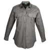 Front view of a Woman's Trail Shirt in Long Sleeves, color Olive. The shirt has two flap-covered chest pockets, functional cross-stitched shoulder straps, a button-front placket, double stitching throughout, and long rounded tails for tucking into pants. 100% cotton.