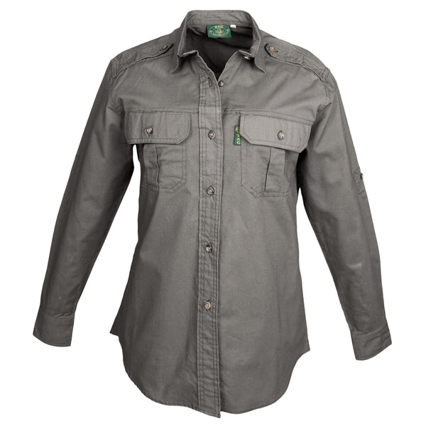 Front view of a Woman's Trail Shirt in Long Sleeves, color Olive. The shirt has two flap-covered chest pockets, functional cross-stitched shoulder straps, a button-front placket, double stitching throughout, and long rounded tails for tucking into pants. 100% cotton.