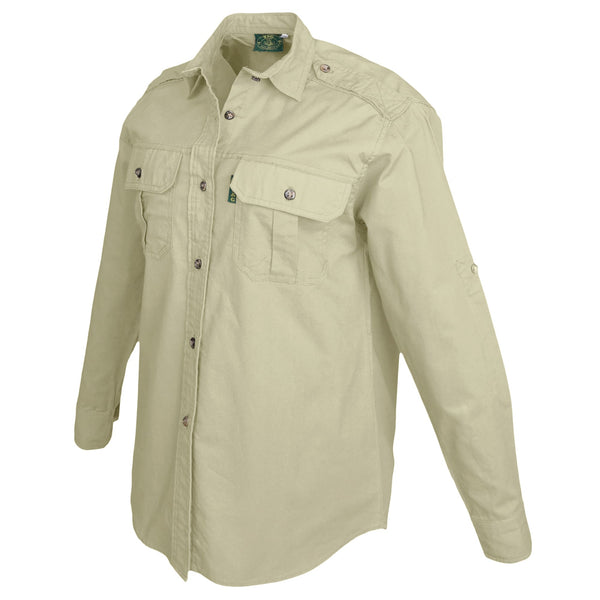 Side view of a Woman's Trail Shirt in Long Sleeves, color Stone. The shirt has two flap-covered chest pockets, functional cross-stitched shoulder straps, a button-front placket, double stitching throughout, and long rounded tails for tucking into pants. 100% cotton.