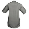 Back view of a Woman's Trail Shirt in Short Sleeves, color Olive. The shirt has a dual layer yoke, functional cross-stitched shoulder straps, double stitching throughout, and long rounded tails for tucking into pants. 100% cotton.