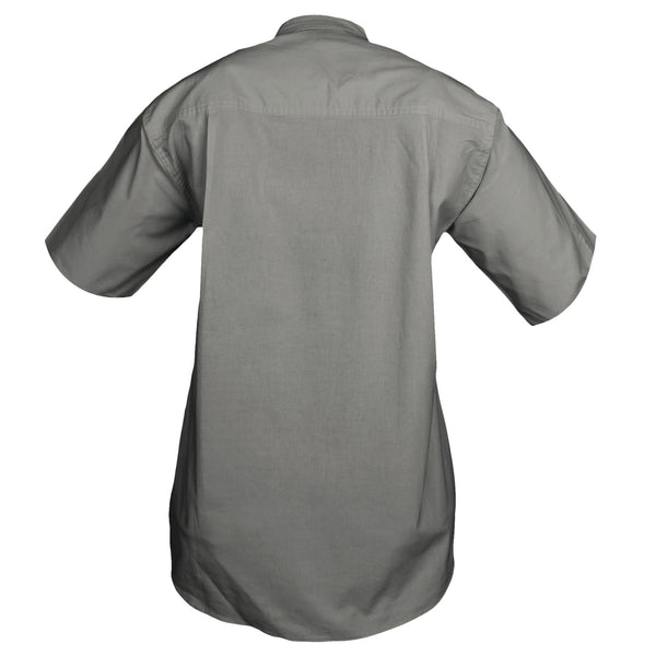 Back view of a Woman's Trail Shirt in Short Sleeves, color Olive. The shirt has a dual layer yoke, functional cross-stitched shoulder straps, double stitching throughout, and long rounded tails for tucking into pants. 100% cotton.