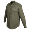 Side view of a Woman's Trail Shirt in Long Sleeves, color Moss. The shirt has two flap-covered chest pockets, functional cross-stitched shoulder straps, a button-front placket, double stitching throughout, and long rounded tails for tucking into pants. 100% cotton.