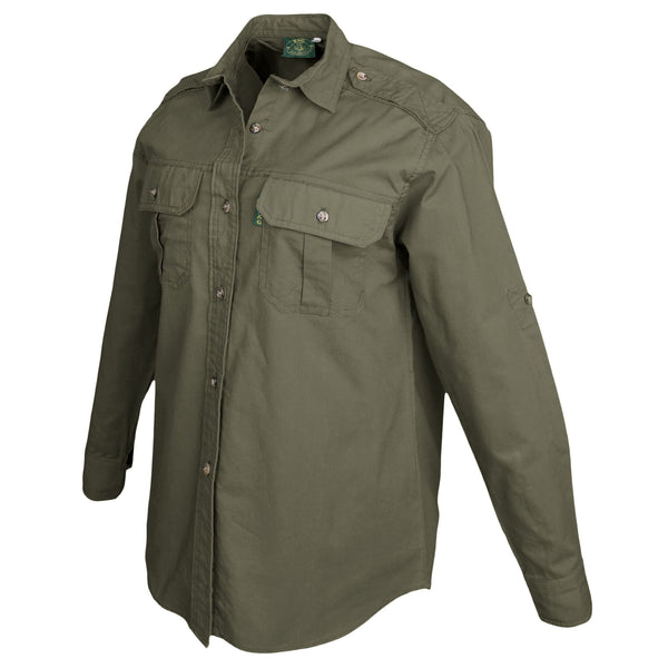 Side view of a Woman's Trail Shirt in Long Sleeves, color Moss. The shirt has two flap-covered chest pockets, functional cross-stitched shoulder straps, a button-front placket, double stitching throughout, and long rounded tails for tucking into pants. 100% cotton.
