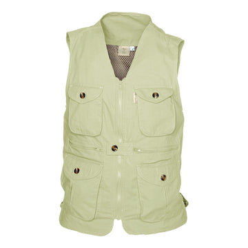 Front of a Women's Livingstone Safari Vest, color Stone. The vest has two flap-covered chest pockets, two zippered pockets at the hip, two flap-covered expandable pockets at the waist, a full zippered front with a buttoned tab, a mesh vent liner, a printed cotton inside liner, and double stitching throughout. 100% cotton.