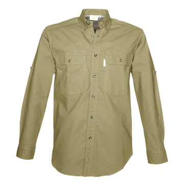 Front view of a Men's Vent Back Adventure Shirt in Long Sleeves, color Khaki. The shirt has two flap-covered chest pockets, button-down collars, buttoned Swiss tabs on the sleeves, a button-front placket, double stitching throughout, and long rounded tails for tucking into pants. 100% cotton.