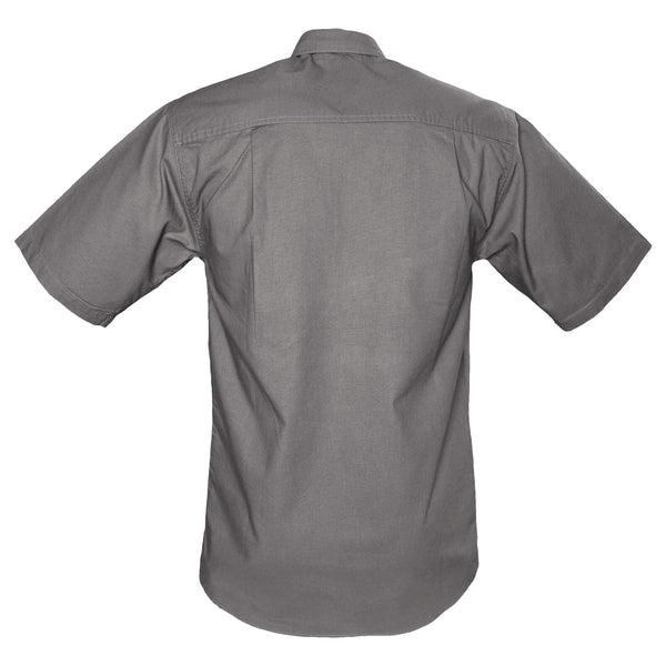 Back view of a Men's Trail Shirt with Buffalo Logo in Short Sleeves, color Olive. The shirt has a dual layer yoke, functional cross-stitched shoulder straps, double stitching throughout, and long rounded tails for tucking into pants. 100% cotton.