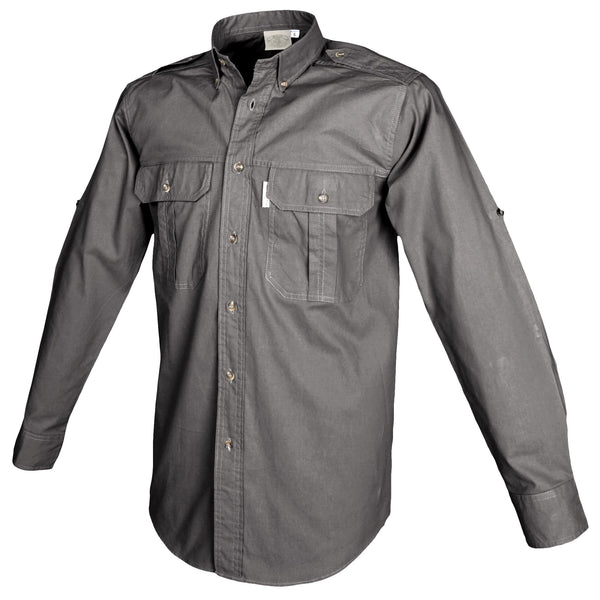 Side view of a Men's Trail Shirt in Long Sleeves, color Olive. The shirt has two flap-covered chest pockets, button-down collars, functional cross-stitched shoulder straps, a button-front placket, double stitching throughout, and long rounded tails for tucking into pants. 100% cotton.