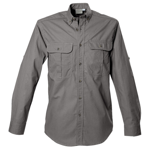 Front view of a Men's Safari Shirt in Long Sleeves, color Olive. The shirt has two flap-covered chest pockets, button-down collars, buttoned Swiss tabs on the sleeves, a button-front placket, double stitching throughout, and long rounded tails for tucking into pants. 100% cotton.