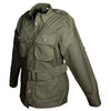 Side view of a Women's Safari Jacket, color Moss. The jacket has two large flap-covered cargo-style chest pockets, two large flap-covered cargo-style waist pockets, functional cross-stitched shoulder straps, Swiss roll-up tabs on the sleeves, a button-front placket, a buckled waist belt, and double stitching throughout. 100% cotton.
