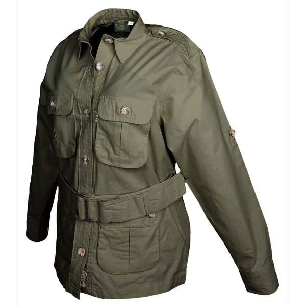 Side view of a Women's Safari Jacket, color Moss. The jacket has two large flap-covered cargo-style chest pockets, two large flap-covered cargo-style waist pockets, functional cross-stitched shoulder straps, Swiss roll-up tabs on the sleeves, a button-front placket, a buckled waist belt, and double stitching throughout. 100% cotton.